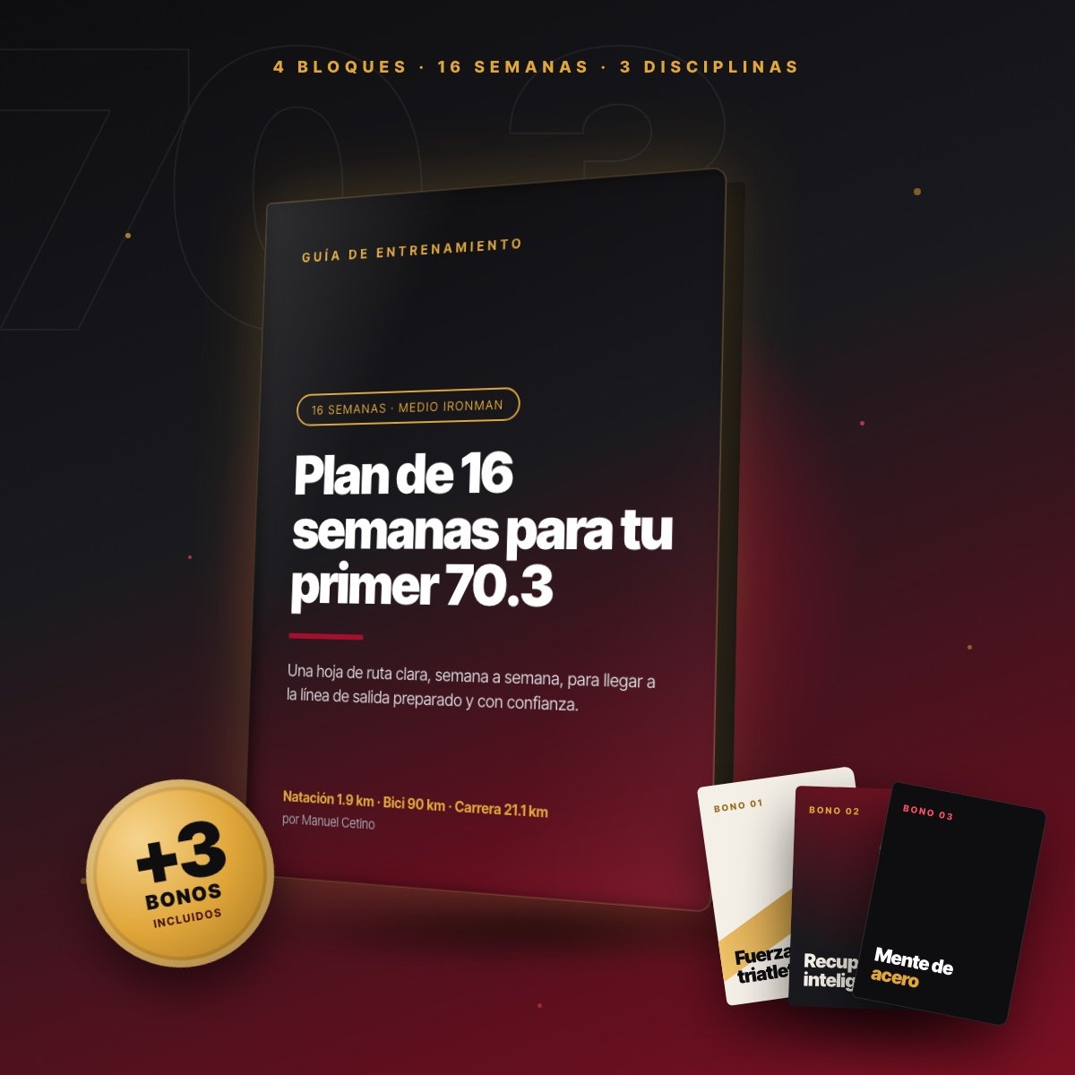 Ebook Plan de 16 semanas para tu primer 70.3 de Manuel Cetino con sus 3 bonos
